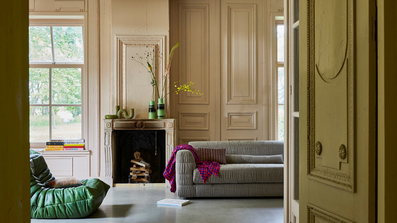 modern living room with velvet sofa in gold color