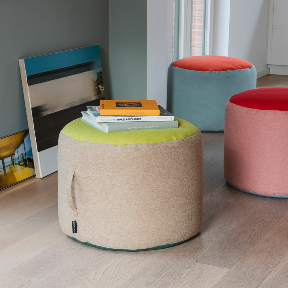 small pouf in beige yellow and teal