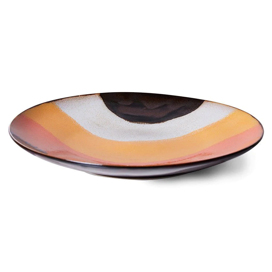 retro style stoneware dinner plate in orange yellow white and brown