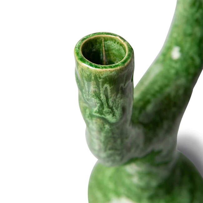 detail of two arm candle stick holder green glazed stoneware