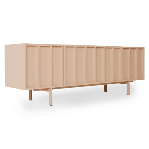 blush pink colored entertainment center sideboard