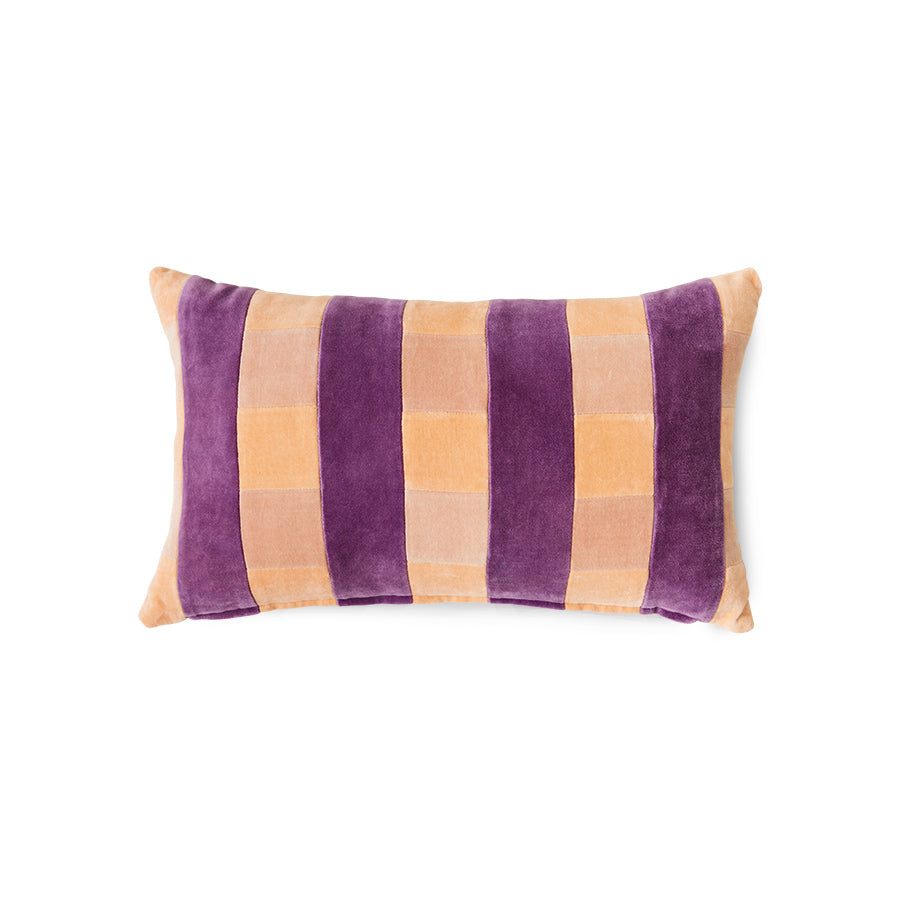 velvet lumbar pillow with peach, pink and purple stripes
