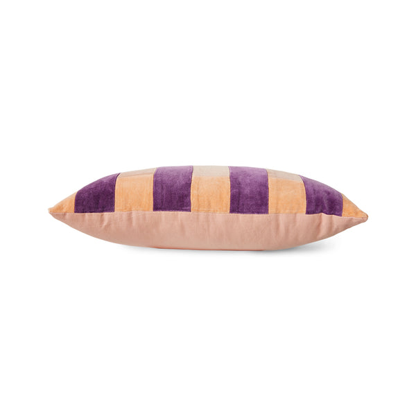 velvet lumbar pillow with peach, pink and purple stripes