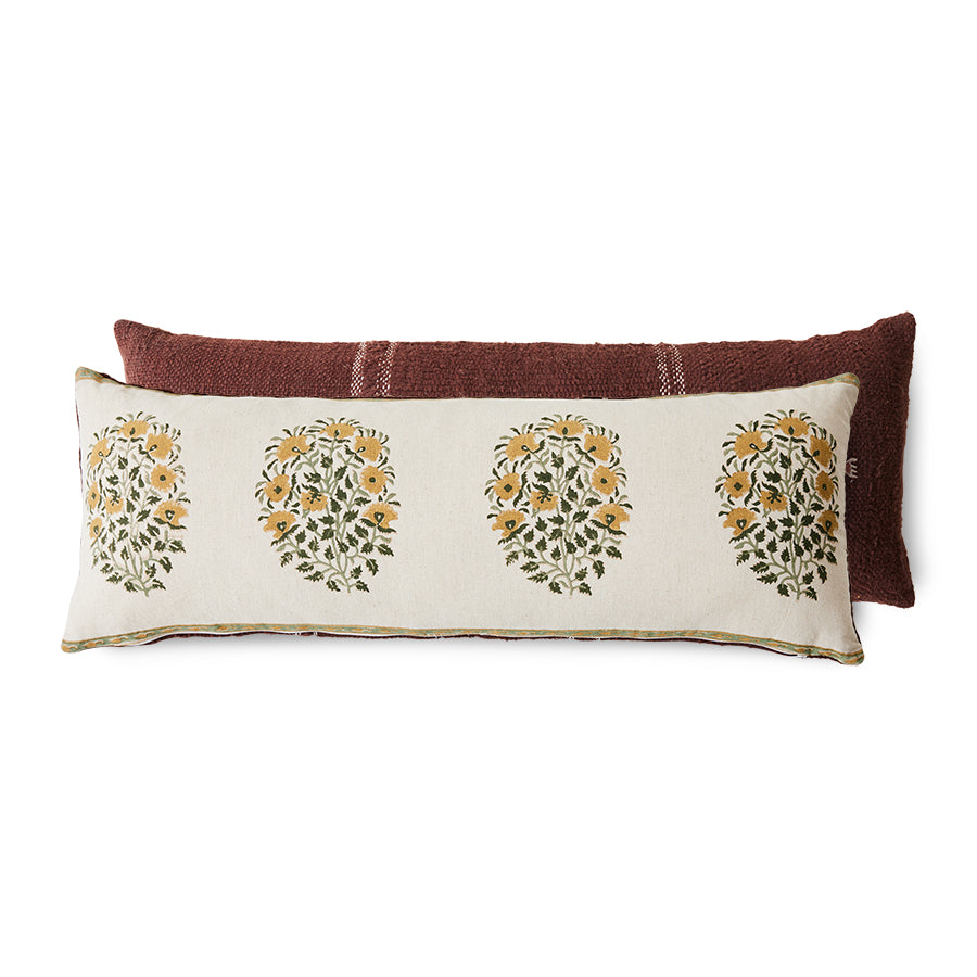 extra long pillow with hand embroiled flowers
