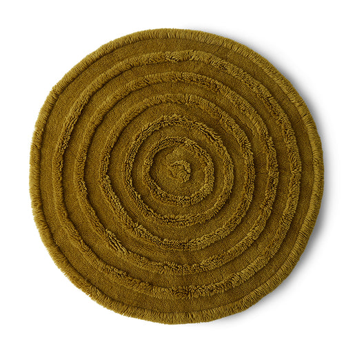round rug with high and low poles in a greenish yellow color