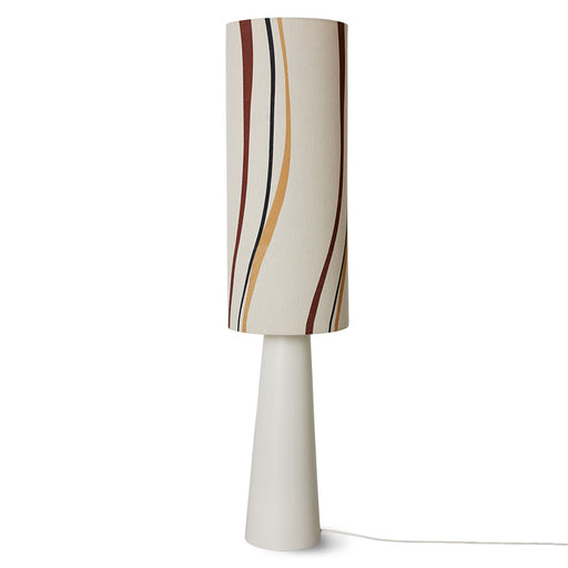 large floor lamp with ceramic cone shaped cream base and linen shade with maroon black and yellow swirls