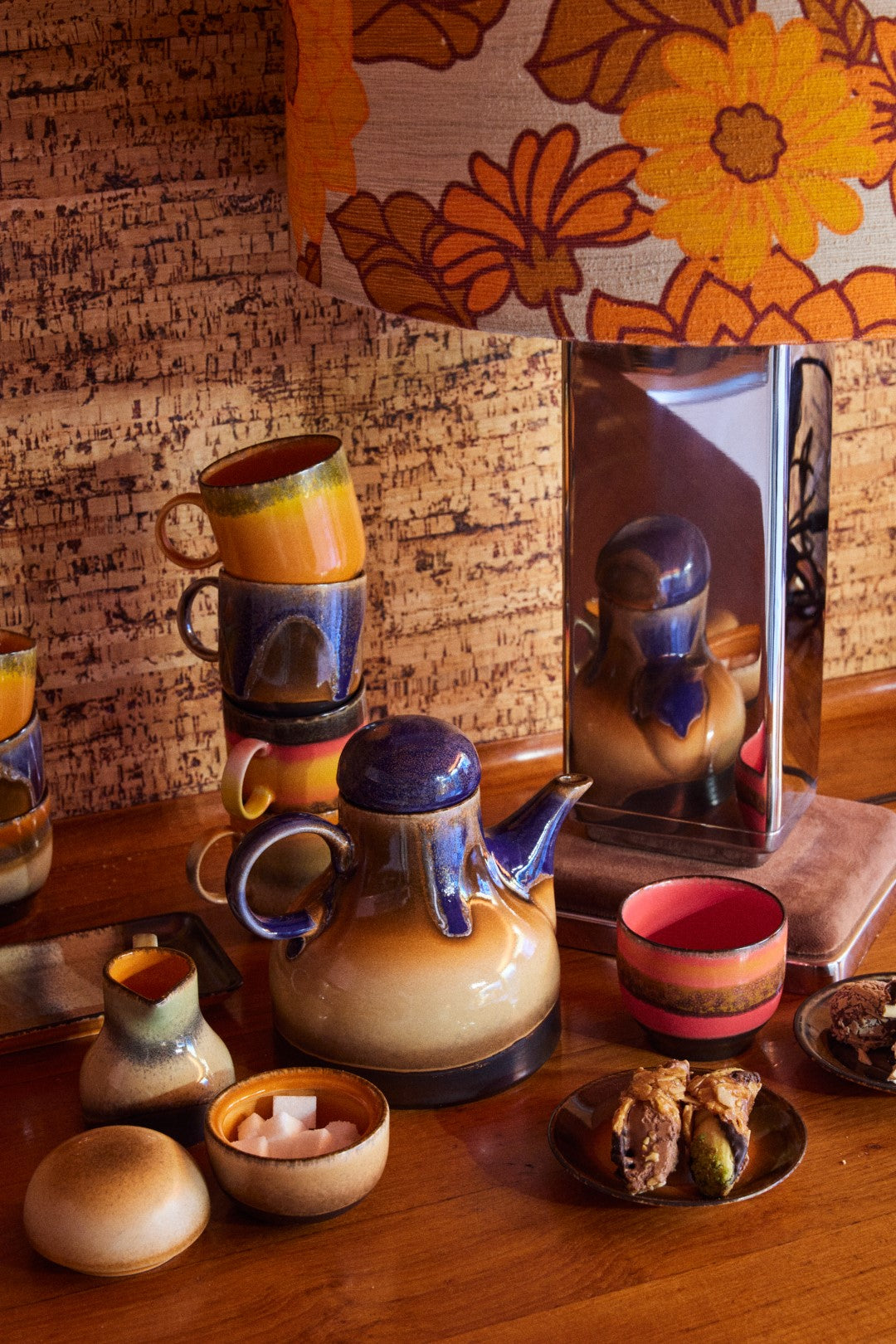 retro style tableware in orange blue and brown colors