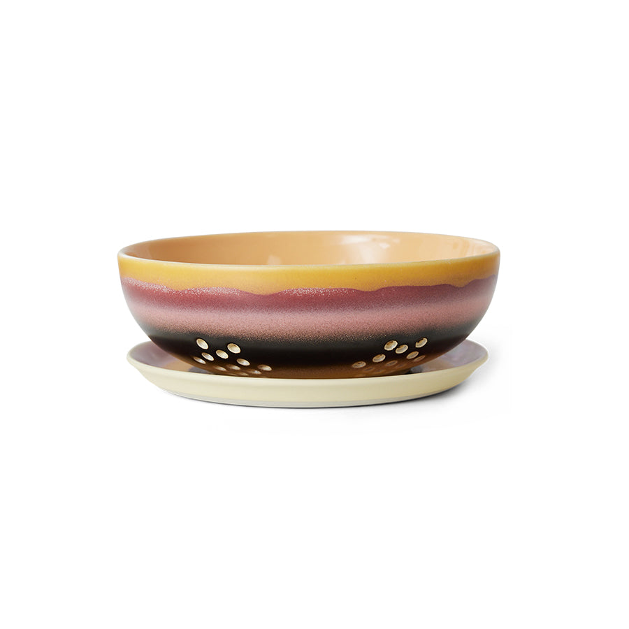 ceramic colander with platter yellow purple brown