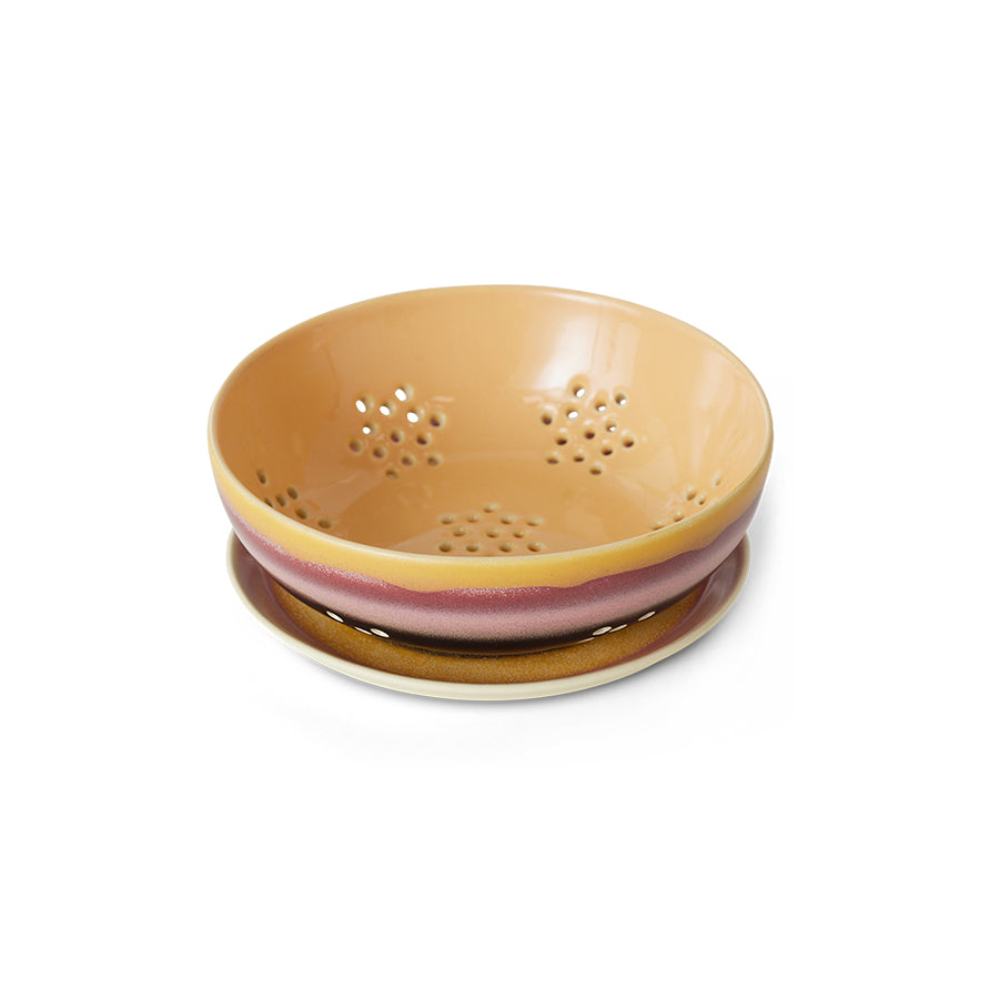 ceramic colander with platter yellow purple brown