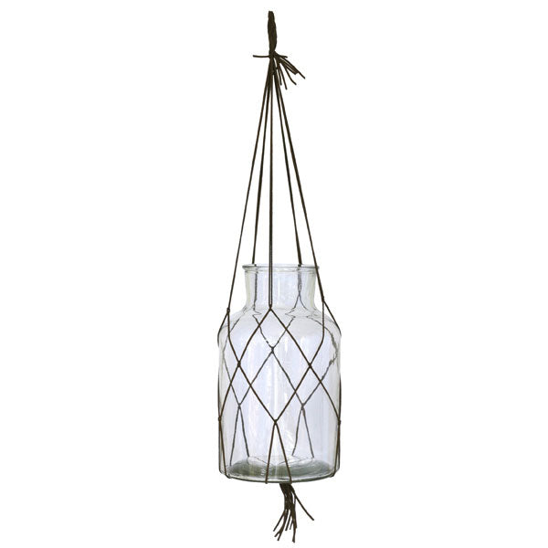 large glass hanging vase with leather rope