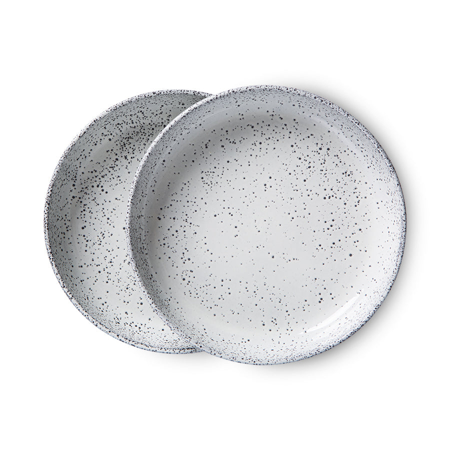two deep pasta plates off white gray speckles