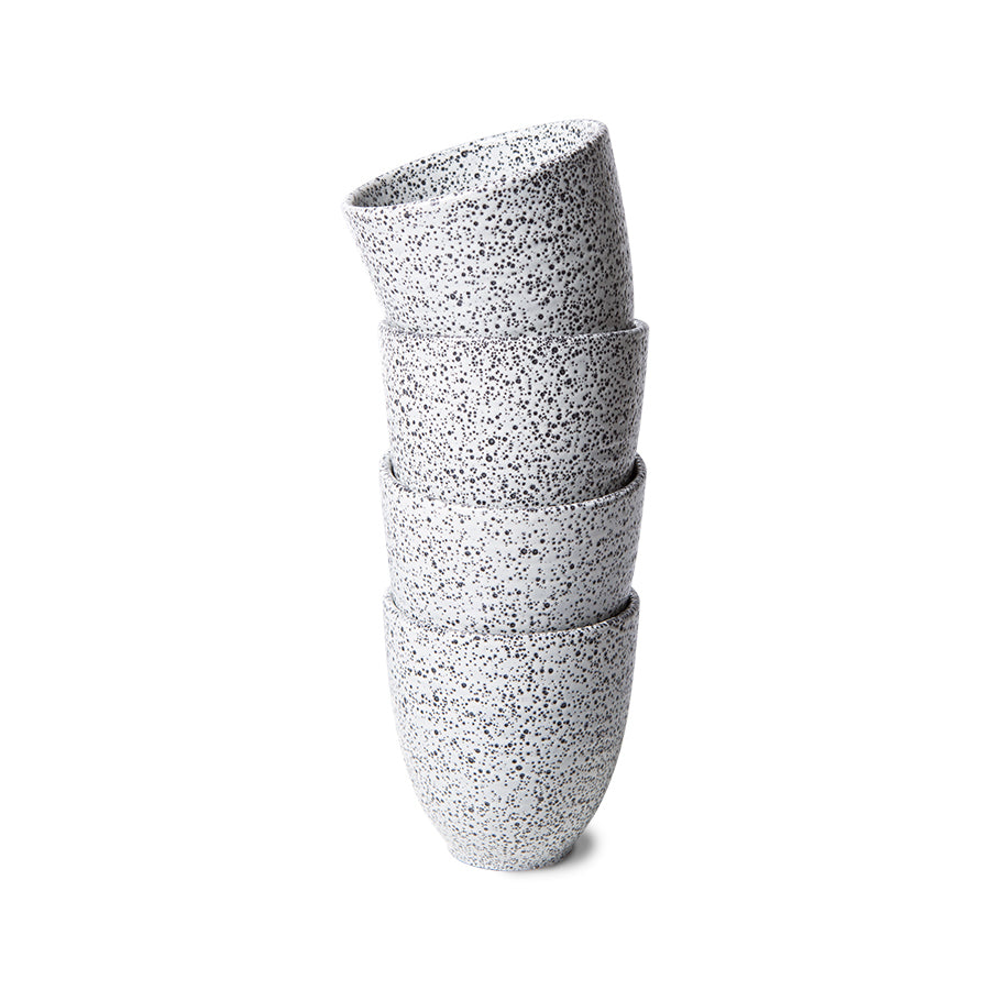white speckled stoneware tumbler mugs in a stack of 4