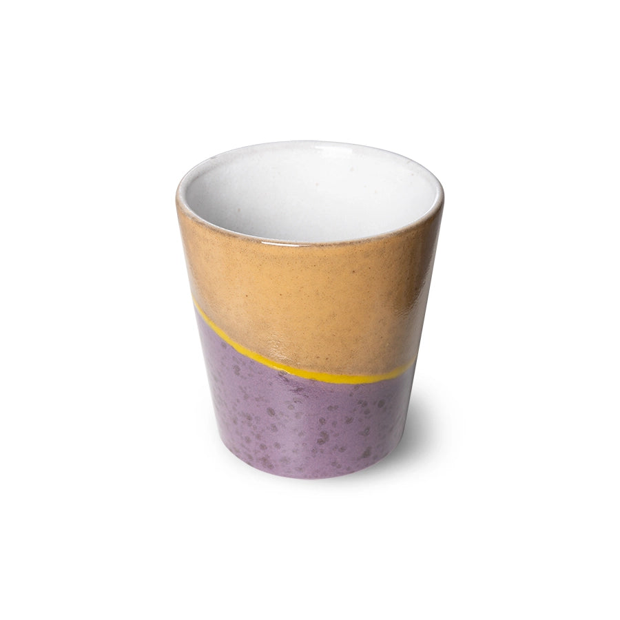 retro style coffee cup in peach, yellow and lavender