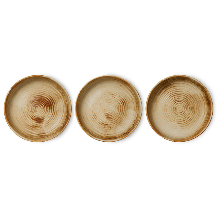three rustic brown and cream deep porcelain plates