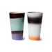 two tall stoneware mugs in retro design and brown, orange, purple and cream colors