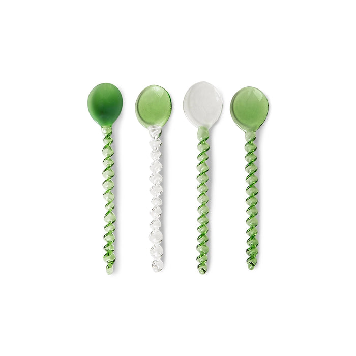 4 delicate glass spoons in green and transparent with a twisted handle