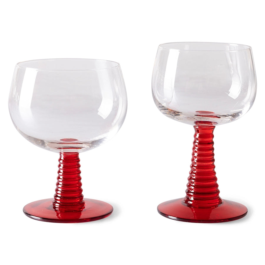 retro style wine glasses with a low and a higher red colored stem