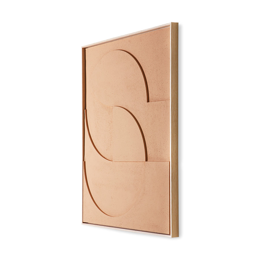 peach colored acoustic art relief panel made from felt, framed in an ah wooden shadow box