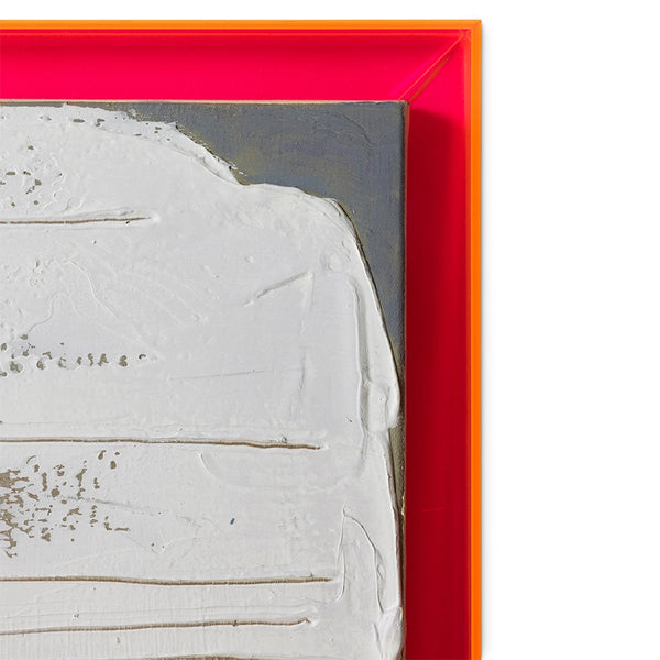 abstract art work in bright colors with a pink and orange acrylic shadowbox frame