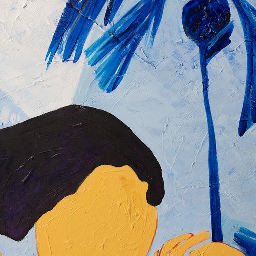 detail of contemporary figurative painting of woman with blue frame