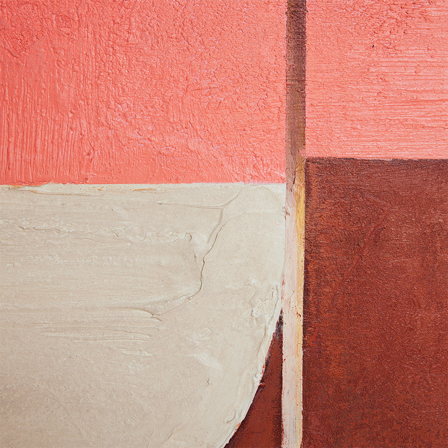 close up abstract painting in pink hues with brown acrylic frame