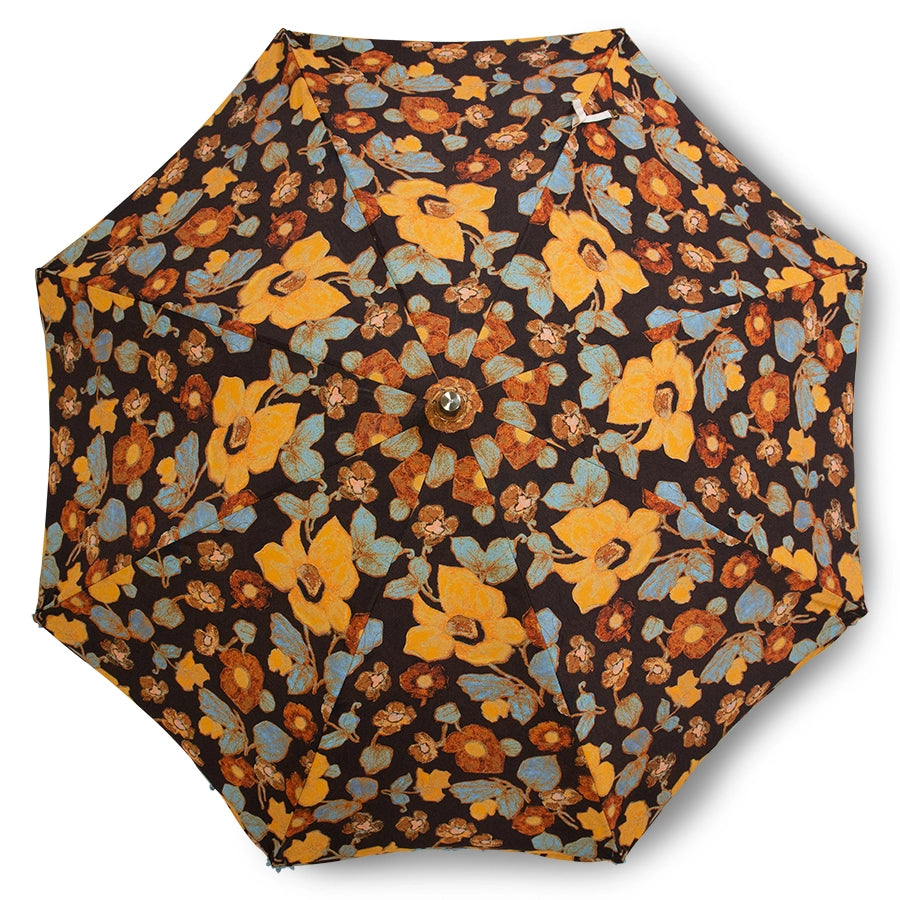 retro style parasol with flower fabric and blue fringes
