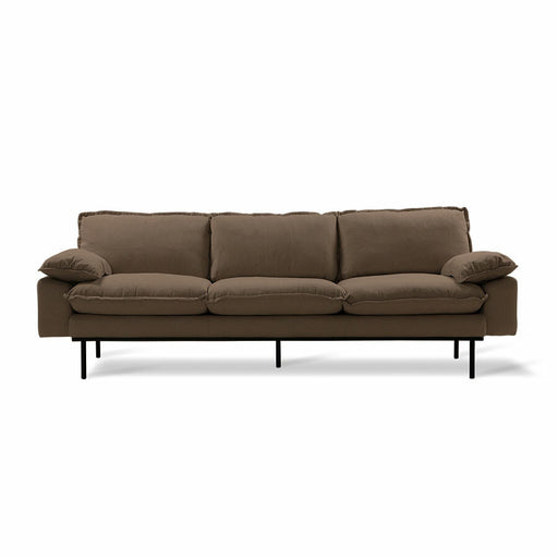retro style sofa made from a blend of cotton and linen fabric in a brown color hue
