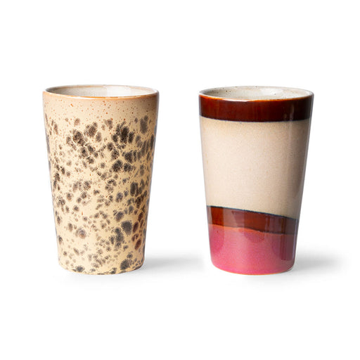cerise and cream colored ceramic tea mugs