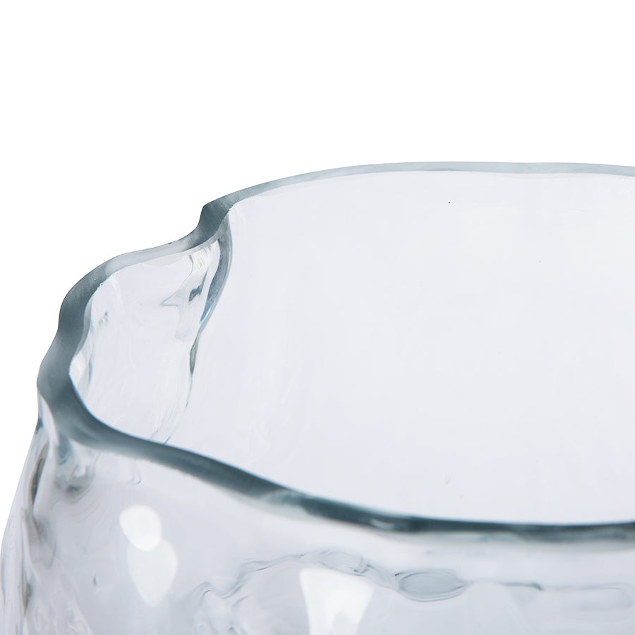 detail of tall clear glass cloud shaped flower vase