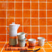 orange back splash with funky ceramic cups