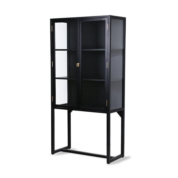 black showcase cabinet with high base and glass doors