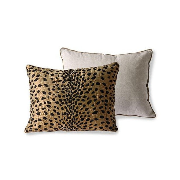 flock panther print on shiny gold backing on one side - plain sand canvas on the other side. Hidden zipper closure.