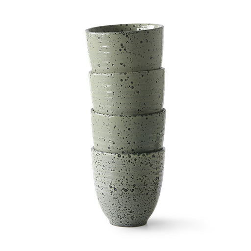 stack of 4 stoneware mugs in gradient green with speckled glaze