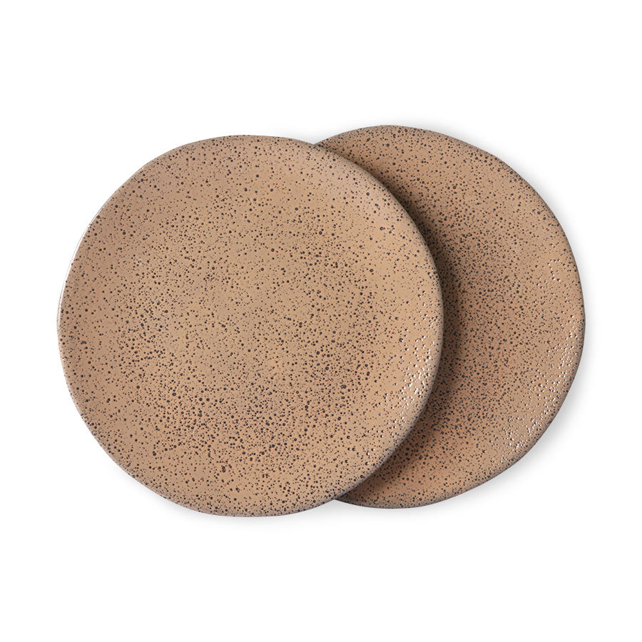set of 2 organic shaped, speckled, taupe colored breakfast plates