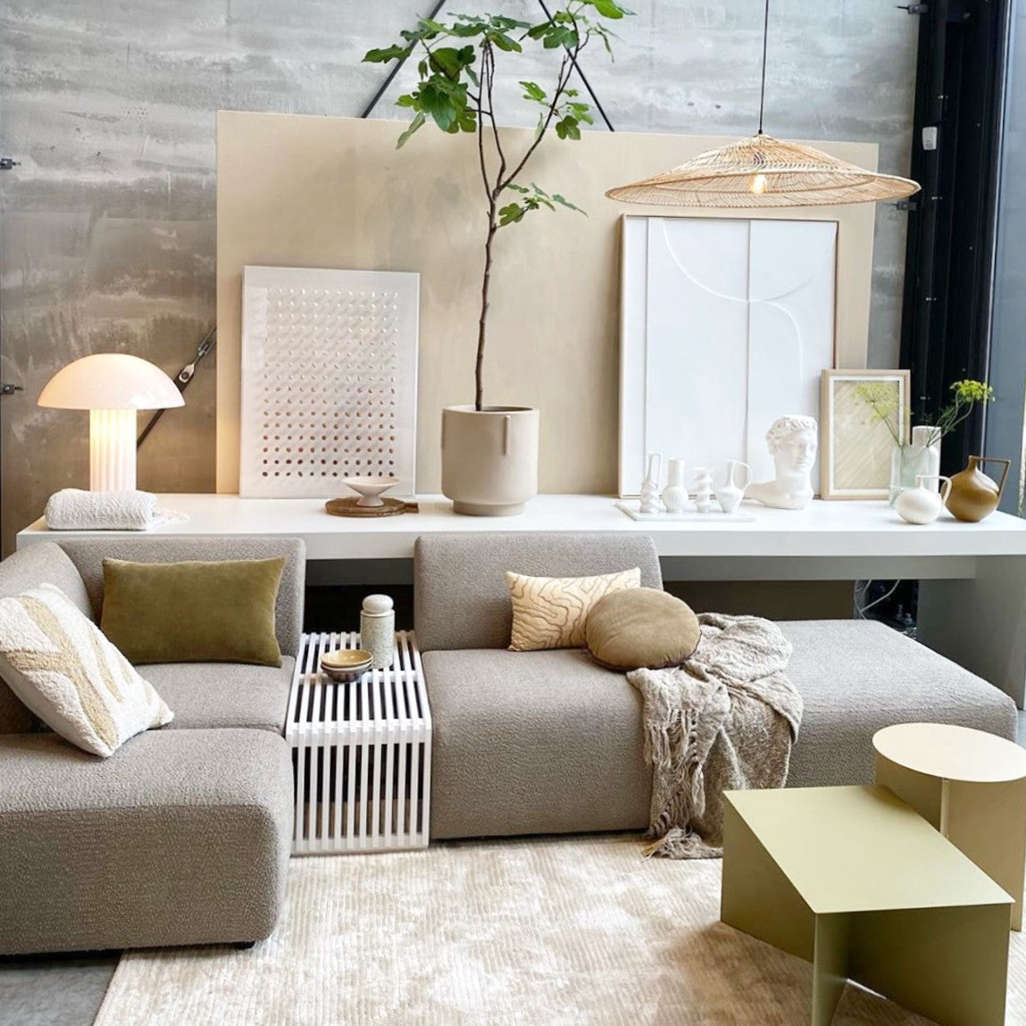 modern living room with white acrylic mushroom table lamp
