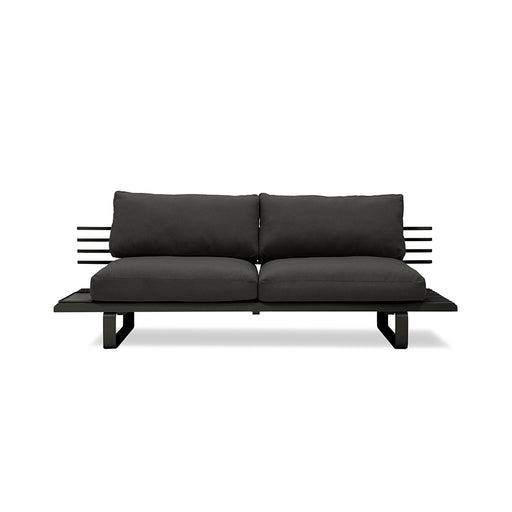 black outdoor sofa with black seating cushions
