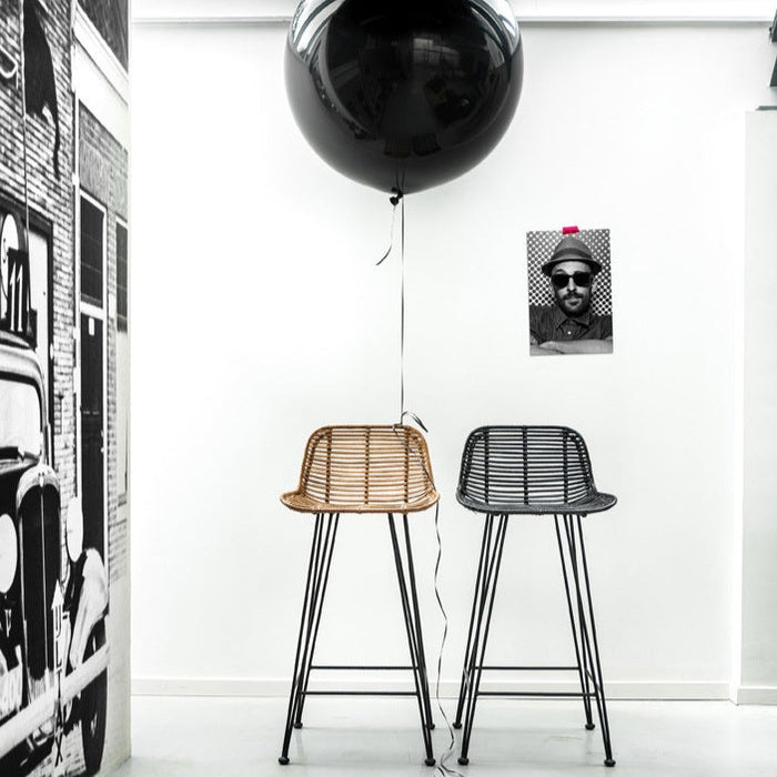 natural and black hand braided bar stool with big black balloon