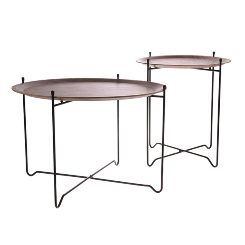 set of two foldable tables with removable trays made from walnut wood