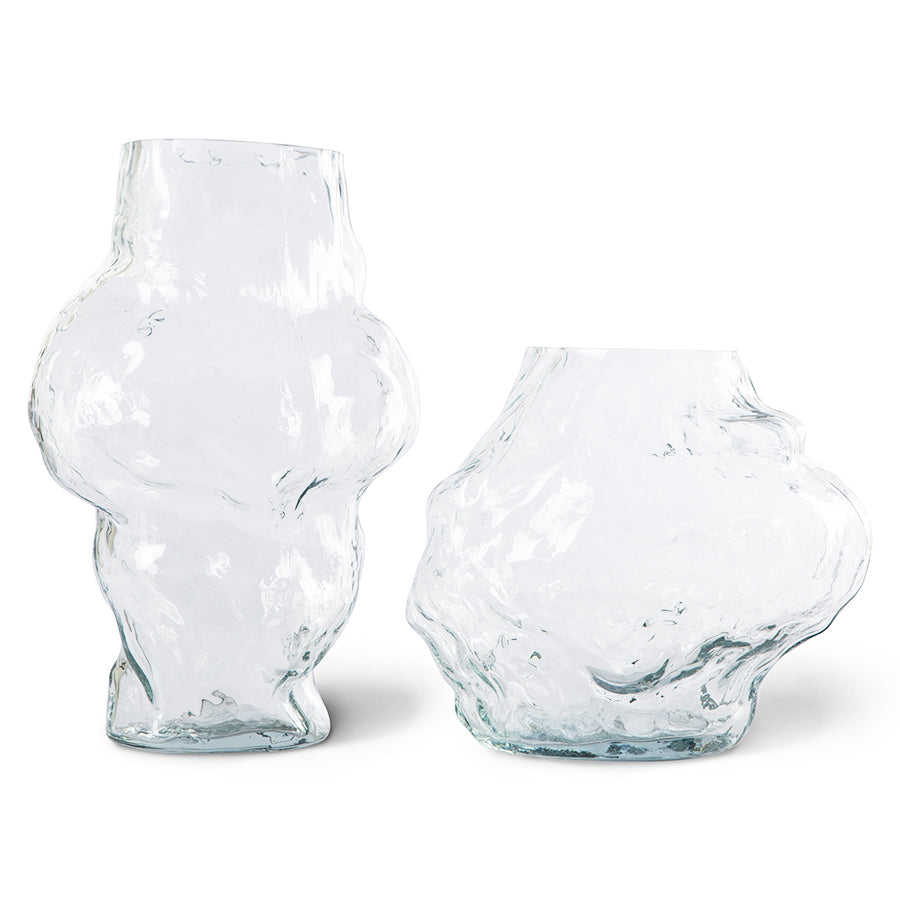 set of tall and low clear glass cloud shaped flower vases