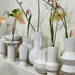 combination of white stoneware vases in various shapes and heights 