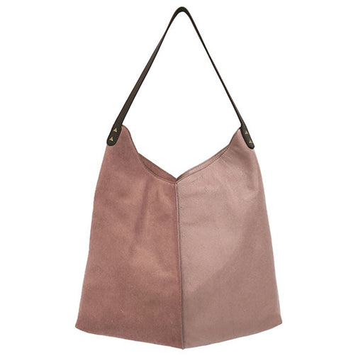 pink leather and suede bag with shoulder strap