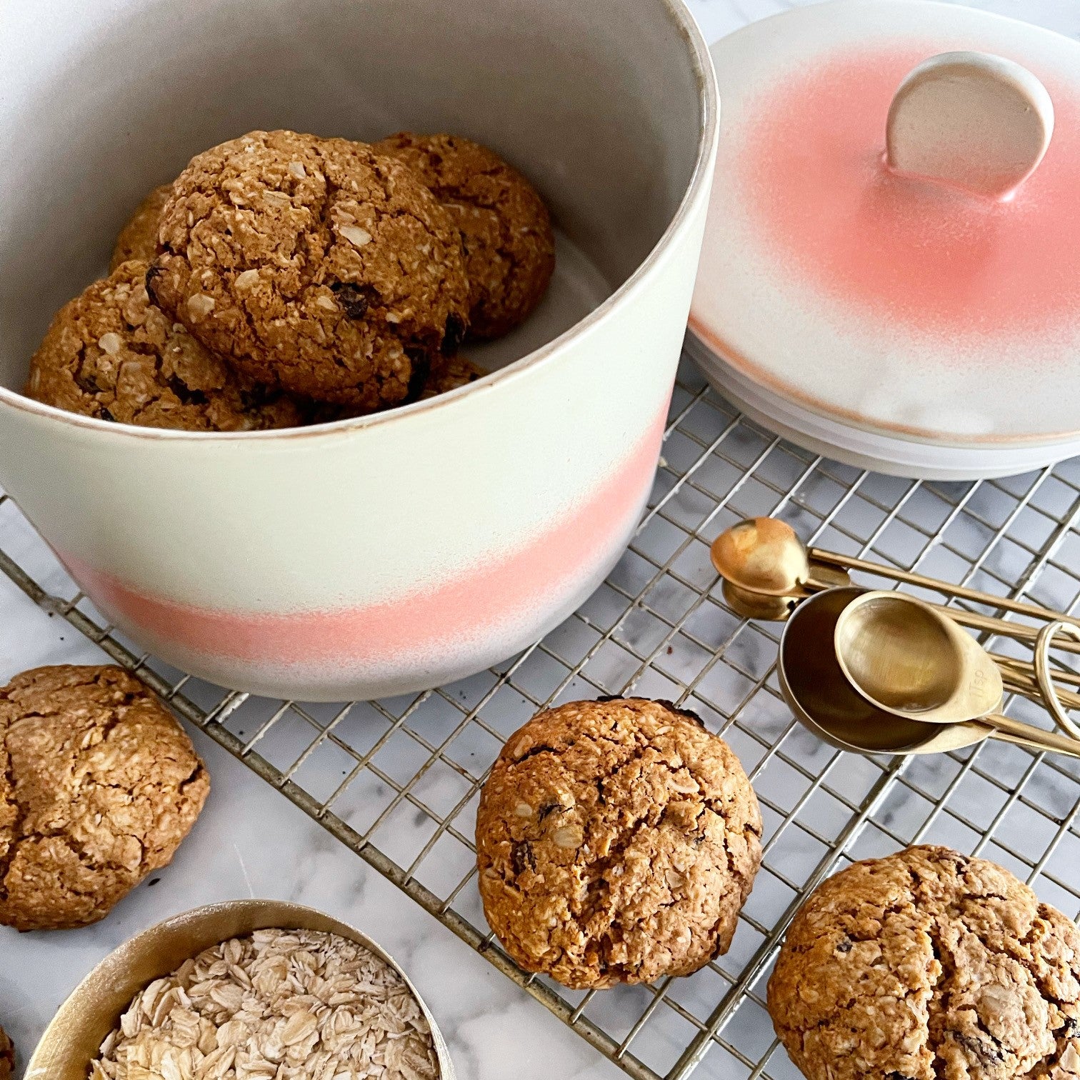 home baked oatmeal raisin cookies in Venus 70's style cookie jar