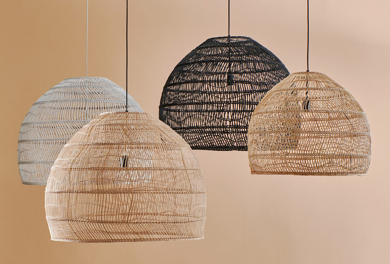 large basket lights made from black white and natural rattan