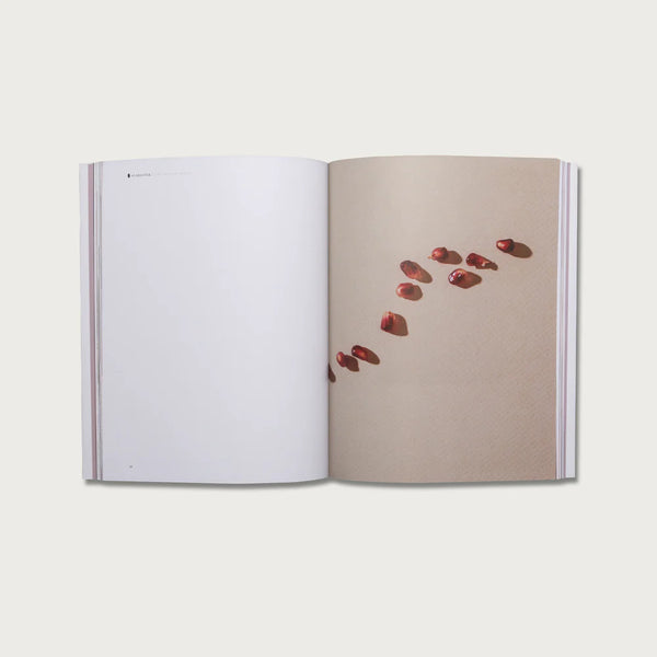 Open book with a beige page featuring red illustrations on a white background