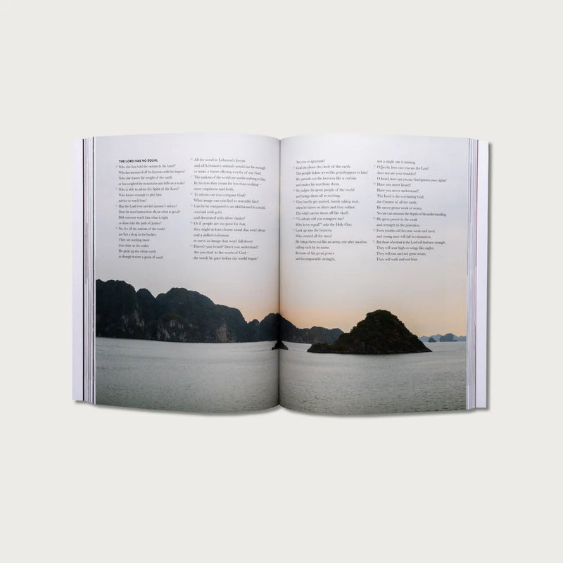 Open book showing a scenic landscape with mountains and water on a white background