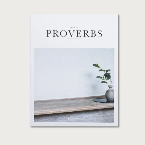 Book titled 'Proverbs' with a minimalistic cover featuring a vase and plant on a wooden shelf.