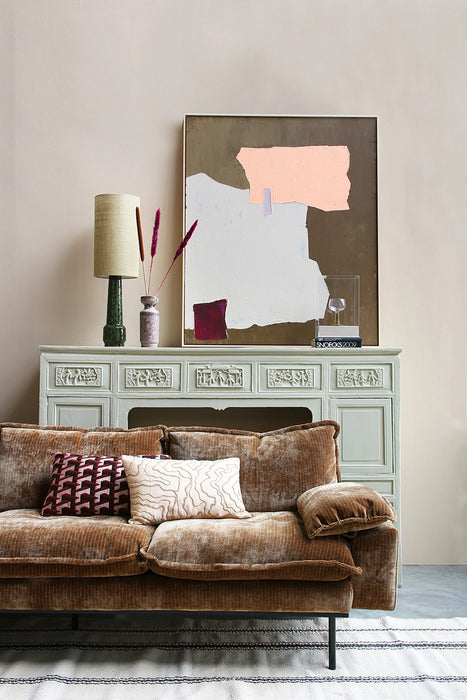 abstract painting brown gray and blush in living room