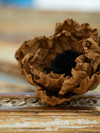 Brown paper cup with black interior on a wooden surface