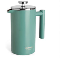 Teal French press coffee maker with silver lid on a white background