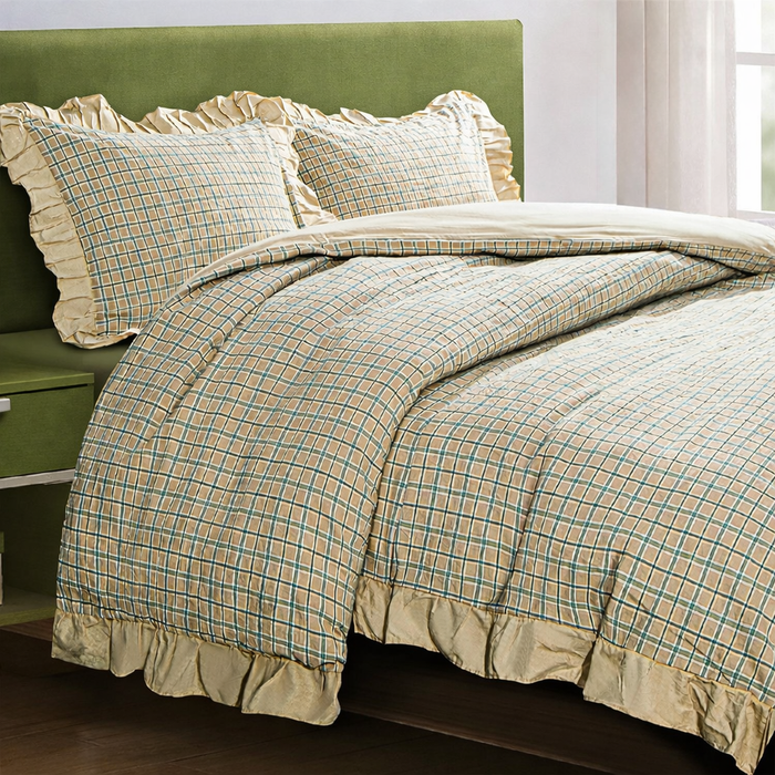 bedroom with green headboard and taupe an grey bedding